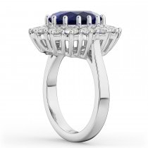 Oval Lab Blue Sapphire & Diamond Halo Lady Di Ring 14k White Gold (6.40ct)
