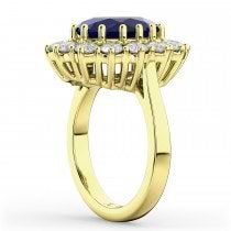 Oval Lab Blue Sapphire & Diamond Halo Lady Di Ring 14k Yellow Gold (6.40ct)