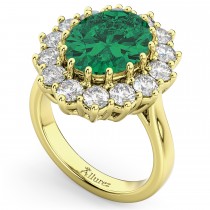 Oval Lab Emerald & Diamond Halo Lady Di Ring 14k Yellow Gold (6.40ct)