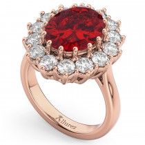 Oval Lab Ruby & Diamond Halo Lady Di Ring 14k Rose Gold (6.40ct)