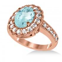 Aquamarine & Diamond Oval Halo Engagement Ring 14k Rose Gold (3.28ct)