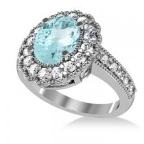 Aquamarine & Diamond Oval Halo Engagement Ring 14k White Gold (3.28ct)
