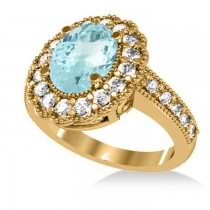 Aquamarine & Diamond Oval Halo Engagement Ring 14k Yellow Gold (3.28ct)