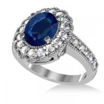 Blue Sapphire & Diamond Oval Halo Engagement Ring 14k White Gold (3.28ct)