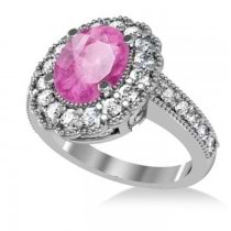 Pink Sapphire & Diamond Oval Halo Engagement Ring 14k White Gold (3.28ct)
