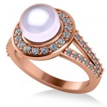 Pearl & Diamond Halo Engagement Ring 14k Rose Gold 8mm (0.54ct)