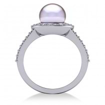 Pearl & Diamond Halo Engagement Ring 14k White Gold 8mm (0.54ct)