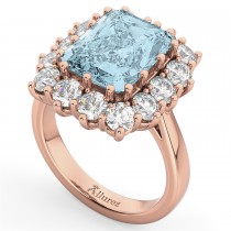 Emerald Cut Aquamarine & Diamond Lady Di Ring 14k Rose Gold (5.68ct)