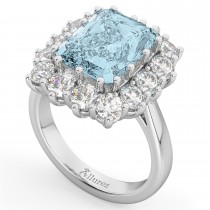 Emerald Cut Lab Aquamarine & Diamond Lady Di Ring 14k White Gold (5.68ct)