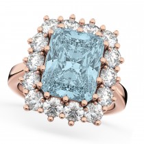 Emerald Cut Aquamarine & Diamond Lady Di Ring 18k Rose Gold (5.68ct)