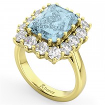 Emerald Cut Lab Aquamarine & Diamond Lady Di Ring 18k Yellow Gold (5.68ct)