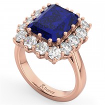 Emerald Cut Lab Blue Sapphire & Diamond Lady Di Ring 14k Rose Gold 5.68ct