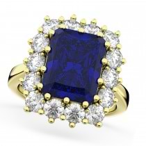 Emerald Cut Blue Sapphire & Diamond Lady Di Ring 14k Yellow Gold 5.68ct