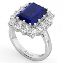 Emerald Cut Lab Blue Sapphire & Diamond Lady Di Ring 18k White Gold 5.68ct