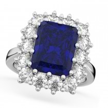 Emerald Cut Blue Sapphire & Diamond Lady Di Ring 18k White Gold 5.68ct
