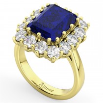 Emerald Cut Lab Blue Sapphire & Diamond Lady Di Ring 18k Yellow Gold 5.68ct