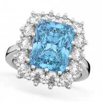 Emerald Cut Blue Topaz & Diamond Lady Di Ring 18k White Gold (5.68ct)