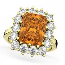 Emerald Cut Citrine & Diamond Lady Di Ring 14k Yellow Gold 5.68ct