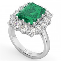 Emerald Cut Lab Emerald & Diamond Lady Di Ring 14k White Gold (5.68ct)