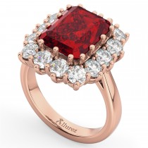 Emerald Cut Lab Ruby & Diamond Lady Di Ring 14k Rose Gold (5.68ct)