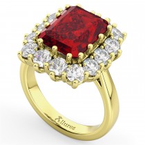 Emerald Cut Lab Ruby & Diamond Lady Di Ring 18k Yellow Gold (5.68ct)