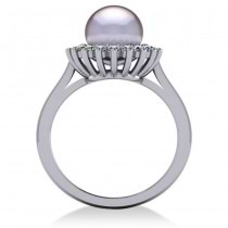 Pearl & Diamond Halo Engagement Ring 14k White Gold 8mm (0.36ct)