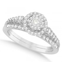 Diamond Cluster Halo Engagement Ring Bridal Set 14K White Gold 0.66ct