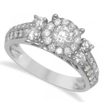 Halo Diamond Engagement Ring & Half Eternity Band 14k White Gold 1.90ct