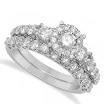 Halo Engagement Ring & Diamond Wedding Band Set 14K W. Gold 2.00ct