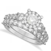 Diamond Bridal Set Halo Engagement Ring & Band 14k White Gold 3.02ct