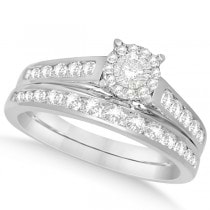 Channel Halo Diamond Engagement Ring Bridal Set 14K White Gold 1.03ct