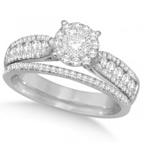 Side stone Accented Diamond Engagement Ring & Band 14K W. Gold 1.11ct