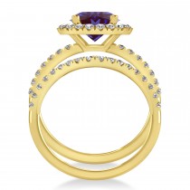 Lab Alexandrite & Diamond Round-Cut Halo Bridal Set 14K Yellow Gold (2.57ct)
