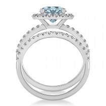 Aquamarine & Diamond Round-Cut Halo Bridal Set 14K White Gold (2.97ct)