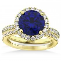 Blue Sapphire & Diamond Round-Cut Halo Bridal Set 14K Yellow Gold (3.07ct)