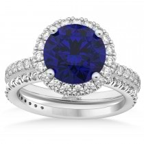 Blue Sapphire & Diamond Round-Cut Halo Bridal Set 18K White Gold (3.07ct)