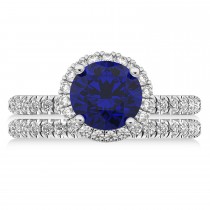 Blue Sapphire & Diamond Round-Cut Halo Bridal Set 18K White Gold (3.07ct)