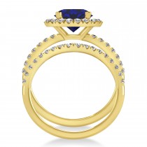 Blue Sapphire & Diamond Round-Cut Halo Bridal Set 18K Yellow Gold (3.07ct)