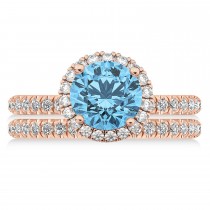 Blue Topaz & Diamond Round-Cut Halo Bridal Set 14K Rose Gold (3.27ct)