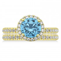 Blue Topaz & Diamond Round-Cut Halo Bridal Set 14K Yellow Gold (3.27ct)