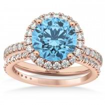 Blue Topaz & Diamond Round-Cut Halo Bridal Set 18K Rose Gold (3.27ct)