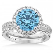 Blue Topaz & Diamond Round-Cut Halo Bridal Set 18K White Gold (3.27ct)