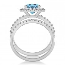 Blue Topaz & Diamond Round-Cut Halo Bridal Set 18K White Gold (3.27ct)
