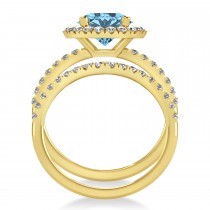 Blue Topaz & Diamond Round-Cut Halo Bridal Set 18K Yellow Gold (3.27ct)