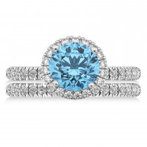 Blue Topaz & Diamond Round-Cut Halo Bridal Set Palladium (3.27ct)