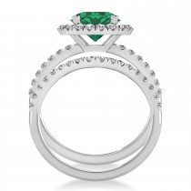 Emerald & Diamond Round-Cut Halo Bridal Set 14K White Gold (3.07ct)