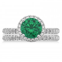 Emerald & Diamond Round-Cut Halo Bridal Set 14K White Gold (3.07ct)