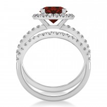 Garnet & Diamond Round-Cut Halo Bridal Set 14K White Gold (3.27ct)