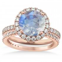 Moonstone & Diamond Round-Cut Halo Bridal Set 14K Rose Gold (3.17ct)