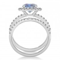 Moonstone & Diamond Round-Cut Halo Bridal Set 14K White Gold (3.17ct)